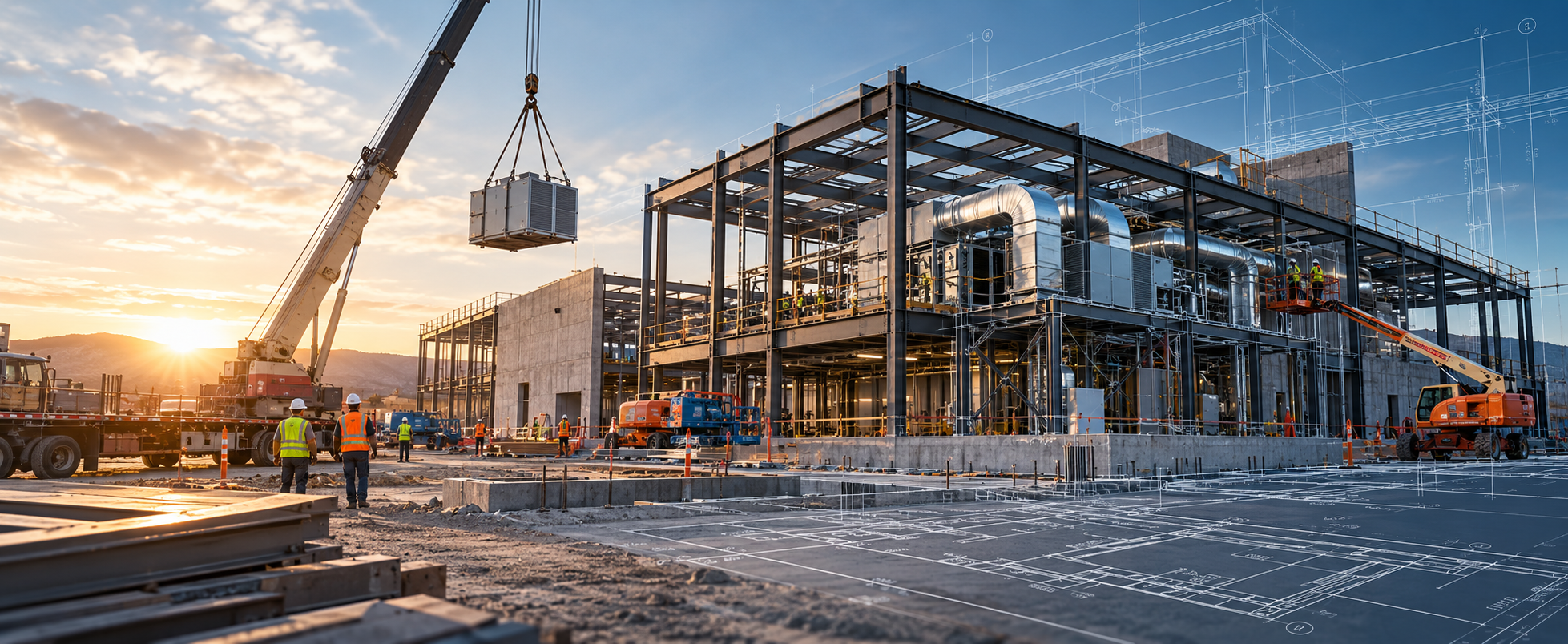 Steel-framed facility construction at sunrise, with a crane, workers, and technical drawing overlays